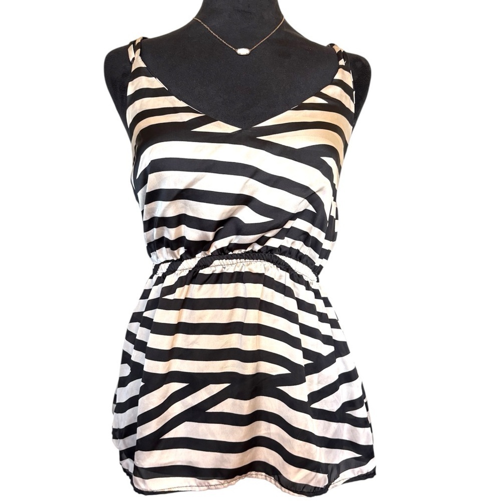Rumors Small Satin Sleeveless Stripe Cream & Black Tank Top With Cross Back
